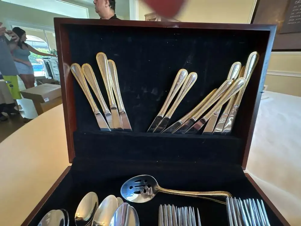 51-Piece Stainless Steel Flatware Set Gold Beaded Trim w/ Wooden Storage Case